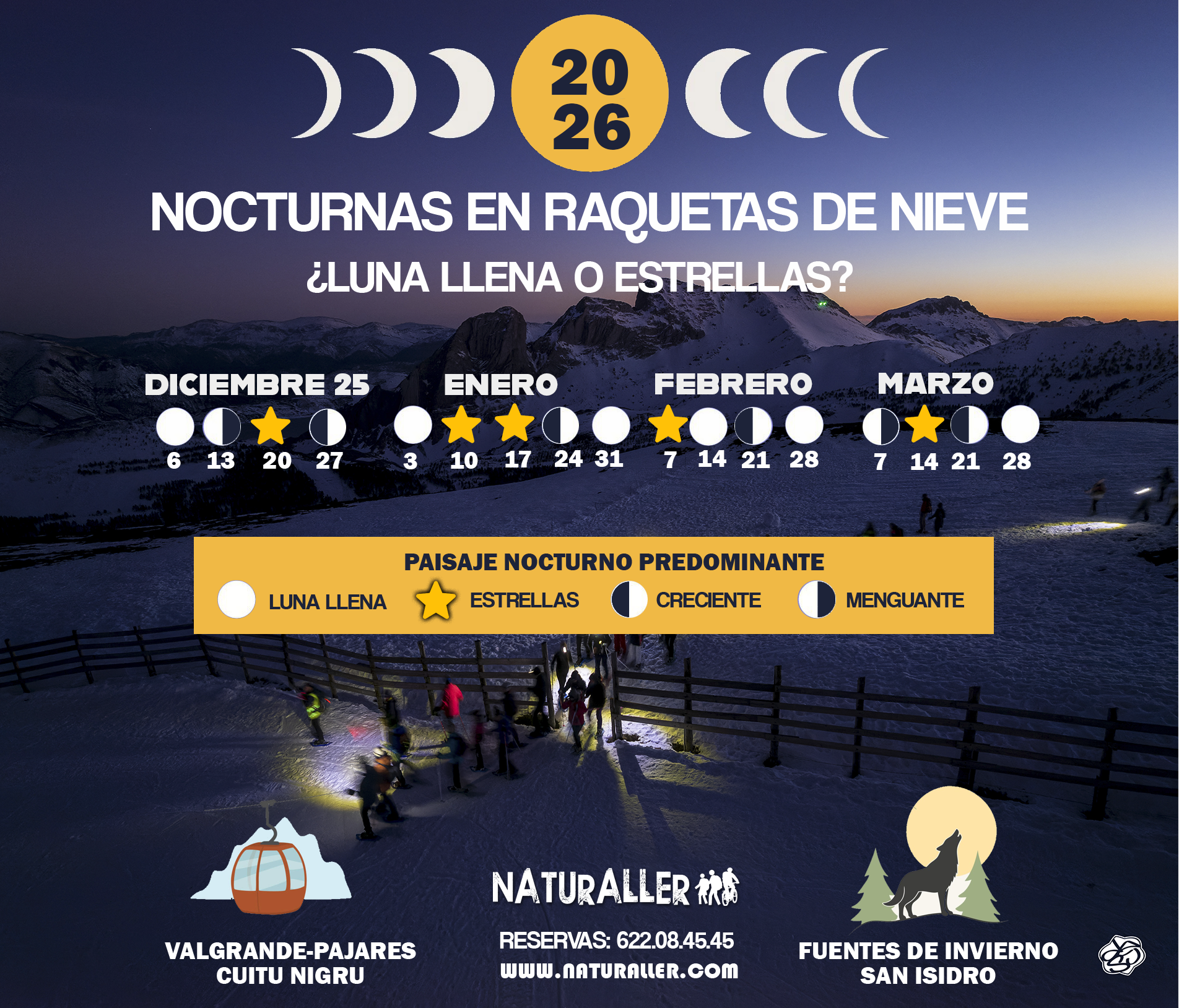 Nocturnas en raquetas, actividades y fechas 2026.