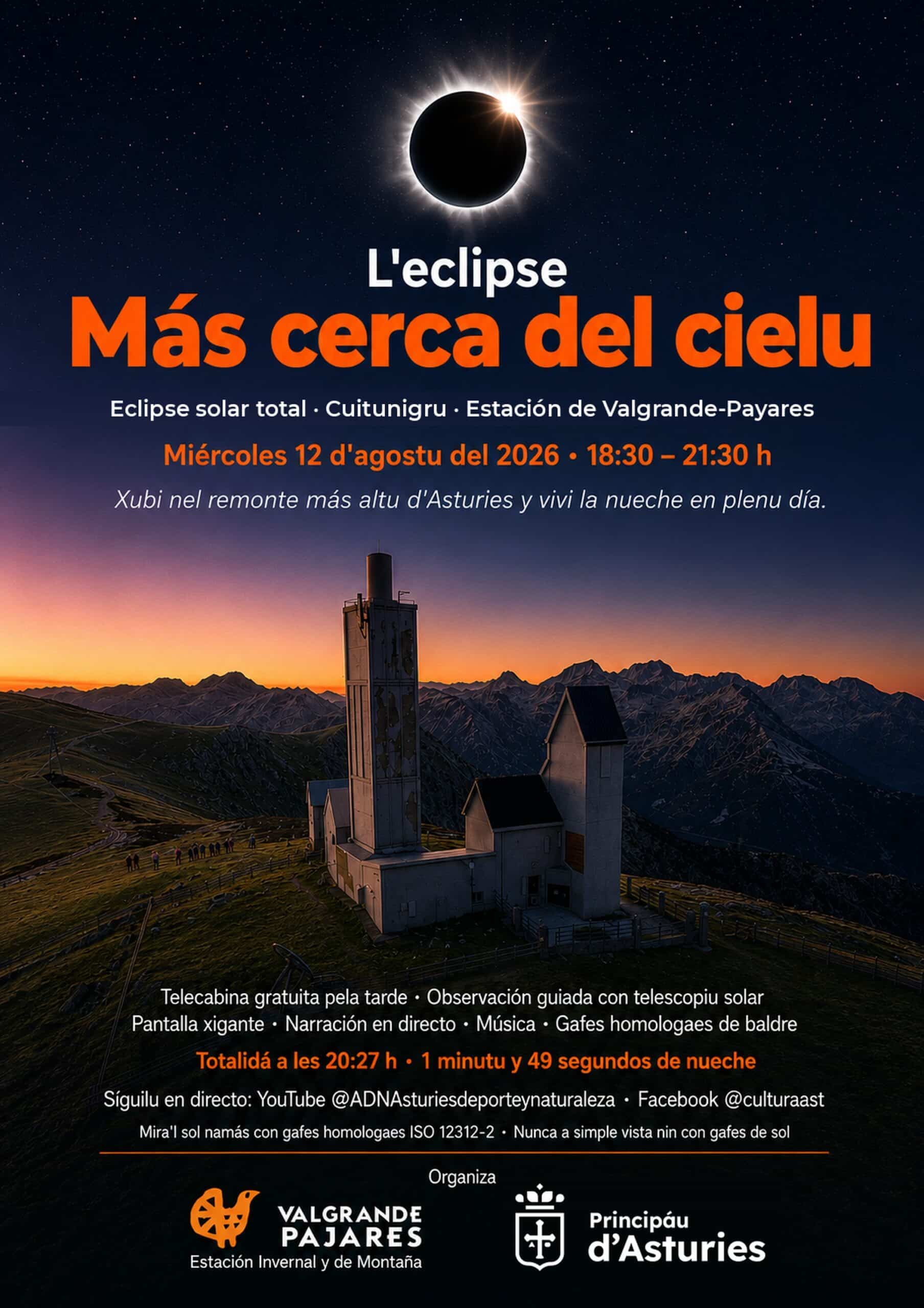 Eclipse solar total del 12 d'agostu en Cuitu Nigru, Valgrande-Payares. Narración en directo de Naturaller.